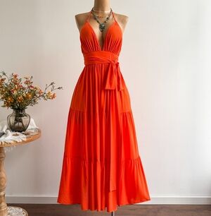 Elegant Orange Halter Tie Front Maxi Dress Vacation Styles S M L XL